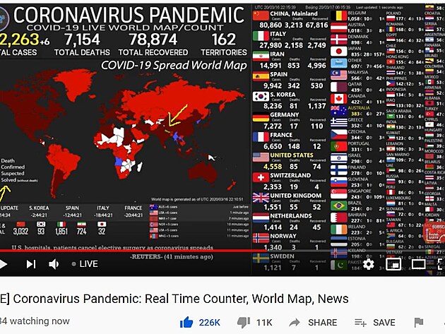 Pravideln aktualizovan mapa koronavirov pandemie od Roylab Stats [LIVE] Coronavirus Pandemic: Real Time Counter, World Map, News