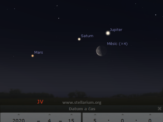 15. 4. 2020 - Msc v posledn tvrti spolu s Jupiterem, Saturnem a Marsem rno nad jihovchodnm obzorem.