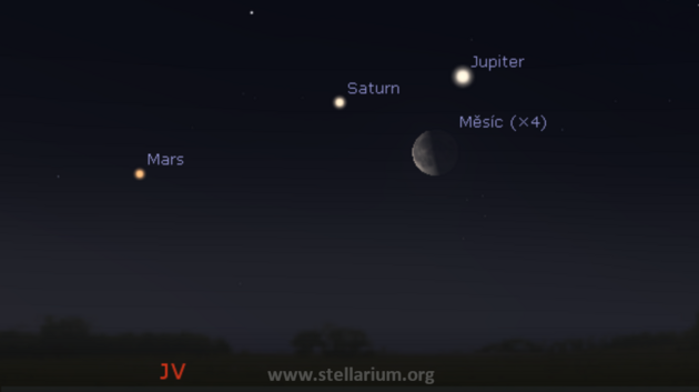 15. 4. 2020 - Msc v posledn tvrti spolu s Jupiterem, Saturnem a Marsem rno nad jihovchodnm obzorem.