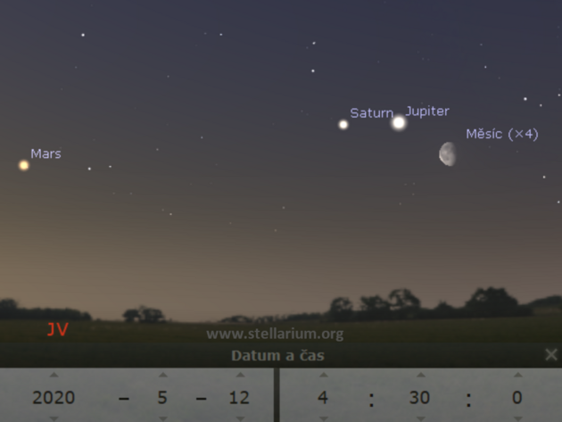 12. 5. 2020 - Msc u Jupiteru, Saturnu a Marsu rno na jihovchod.