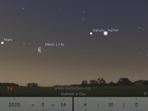 14. 5. 2020 - Msc u Jupiteru, Saturnu a Marsu rno na jihovchod.
