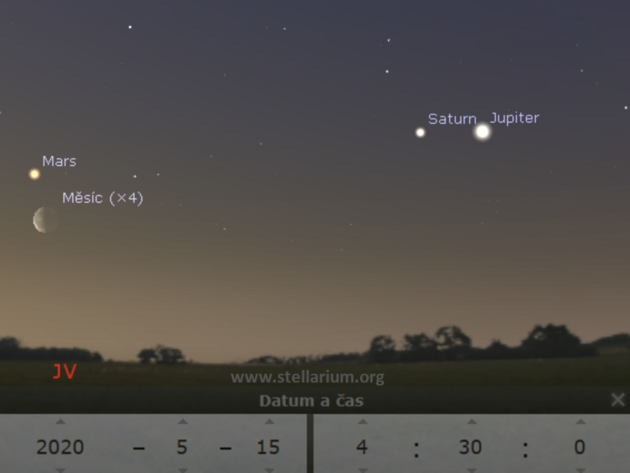 15. 5. 2020 - Msc u Jupiteru, Saturnu a Marsu rno na jihovchod.