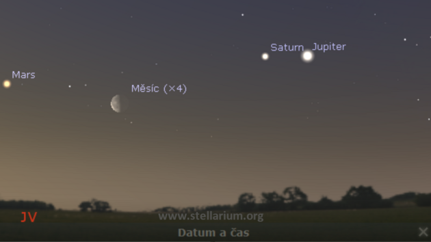 14. 5. 2020 - Msc u Jupiteru, Saturnu a Marsu rno na jihovchod.