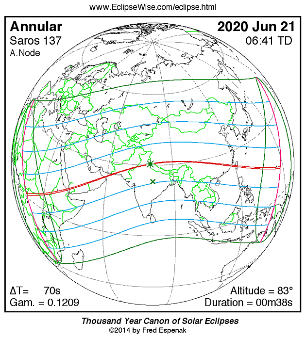 21. 6. 2020 - mapa viditelnosti zatmn Slunce.
