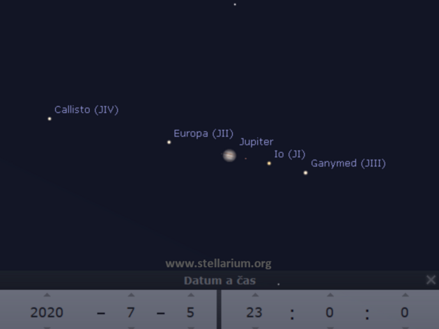 5. 7. 2020 - galileovsk msce Jupiteru, jak je uvidme v dalekohledu okolo 23. hodiny.