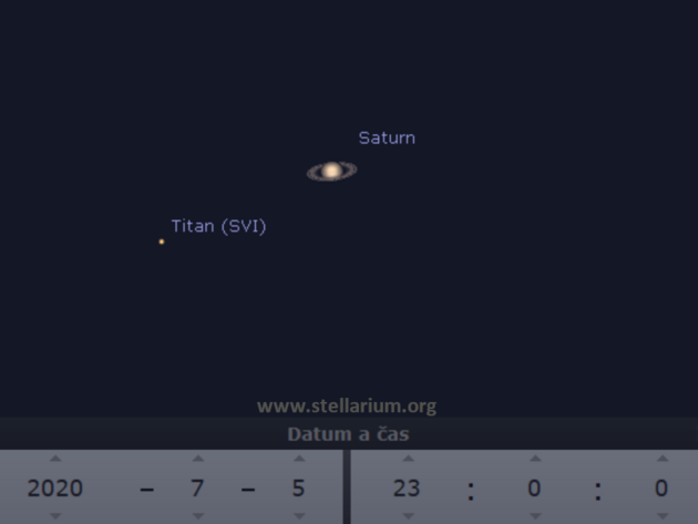 5. 7. 2020 - Saturn s nejvtm a nejjasnjm ze svch Msc - Titanem - pozorovatelnm v tto pozici dalekohledem okolo 23. hodiny.