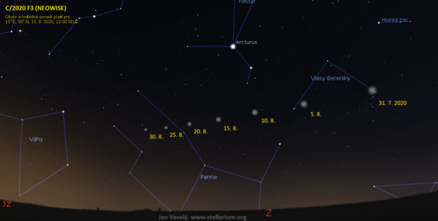 Mapa zachycujc pohyb komety C/2020 F3 (NEOWISE) v srpnu 2020. Znzoruje polohy komety po pti dnech, vdy ve 22 hodin SEL.