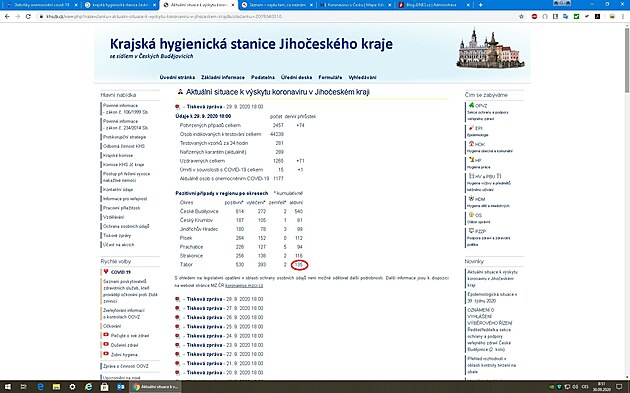 Oficiln webov strnky Krajsk hygienick stanice v eskch Budjovicch. Reflektuje stav ke dni 29.9.2020 k 18:00 SE.