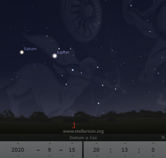 15. 9. 2020 - souhvzd Stelce s Jupiterem a Saturnem nad jinm obzorem hodinu po zpadu Slunce.