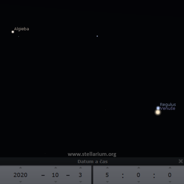 3. 10. 2020 - velmi tsn konjunkce Venue s Regulem, nejjasnj hvzdou souhvzd Lva