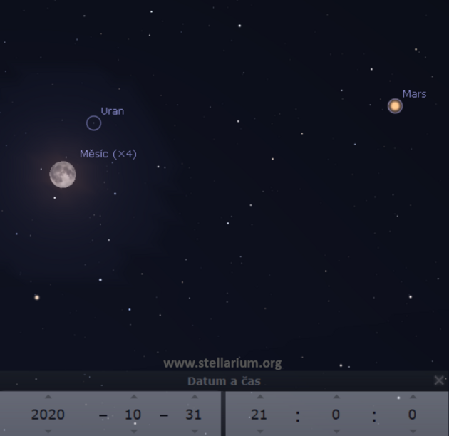 31. 10. 2020 - Msc je v modrm plku - u druhm v jednom kalendnm msci. Zrove je v jeho blzkosti Uran v opozici se Sluncem a nedaleko tak mimodn jasn Mars.