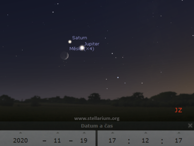 19. 11. 2020 - Konjunkce Msce s Jupiterem a Saturnem.