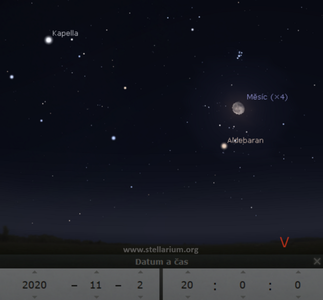 2. 11. 2020 - Msc mezi Plejdami a Aldebaranem v souhvzd Bka.