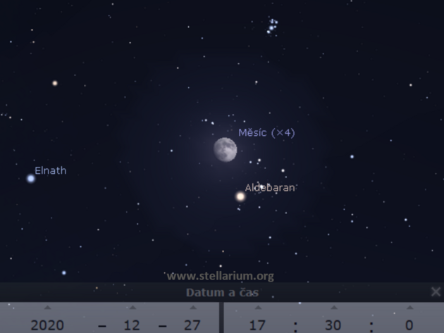 27. 12. 2020 - Msc dorstajc do plku nedaleko Aldebaranu, nejjasnj hvzdy souhvzd Bka; mezi hvzdokupami Plejdy a Hydy