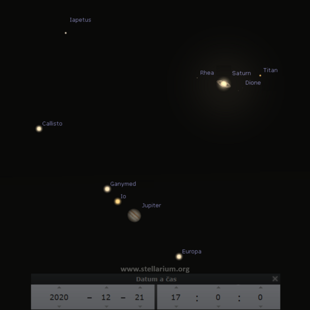 21. 12. 2020 - simulace pohledu na Jupiter s msci a Saturn s prstencem a msci v dalekohledu pi velk konjunkci.