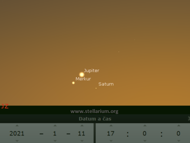 11. 1. 2021 - Merkur, Jupiter a Saturn veer nzko nad jihozpadnm obzorem.