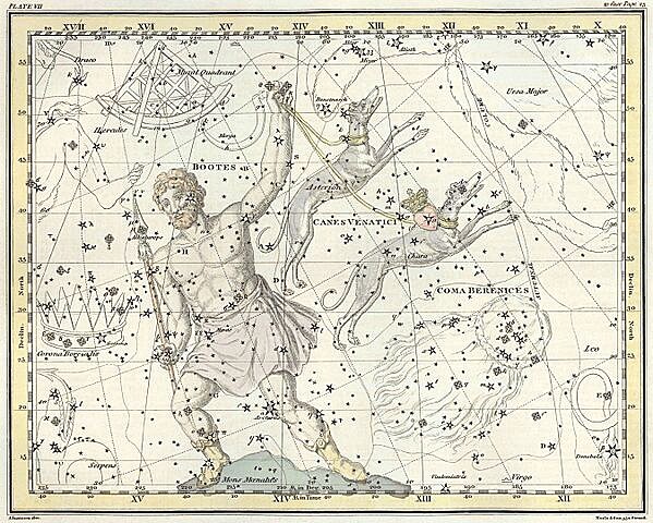 3. 1. 2021 - maximum meteorickho roje Kvadrantid. Zedn kvadrant nad souhvzdm Paste vyobrazen v atlasu hvzdnho nebe Alexandera Jamiesona z roku 1822.