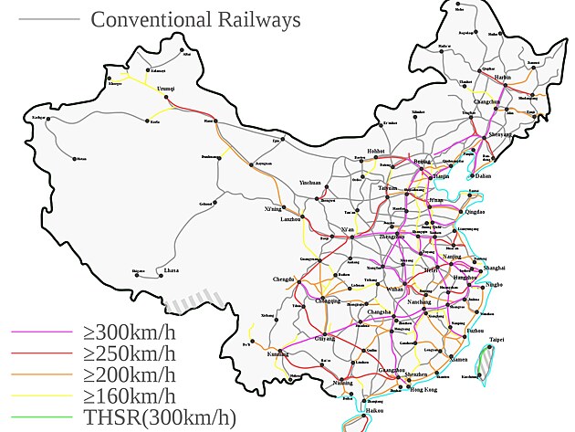 Čína_vysokorychl. + klasické železn. tratě 2020...v centr. Číně již nepřehledné, celkem přes 35.000 km VRT