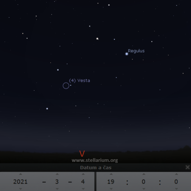 4. 3. 2021 - planetka Vesta v opozici se Sluncem se nachz v souhvzd Lva a dosahuje hranice viditelnosti prostm okem.