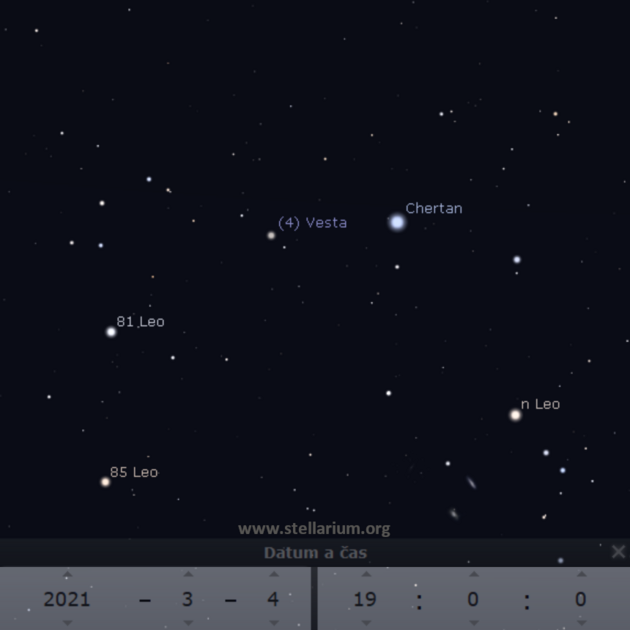 4. 3. 2021 - detail polohy planetky (4) Vesta v souhvzd Lva. Zajmavost je, e do zornho pole napklad triedru se vejdou i dv vzdlen galaxie (na obrzku prothl tvary pln dole).
