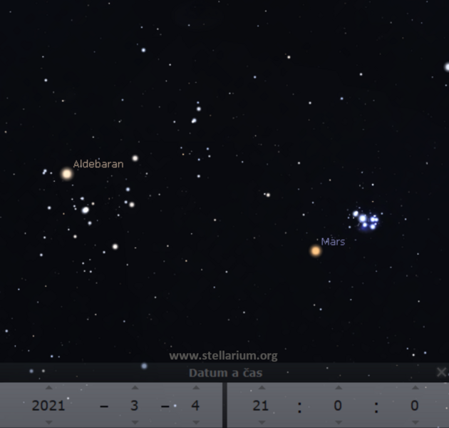 4. 3. 2021 - Mars v konjunkci s hvzdokupou Plejdy (M45) v souhvzd Bka.