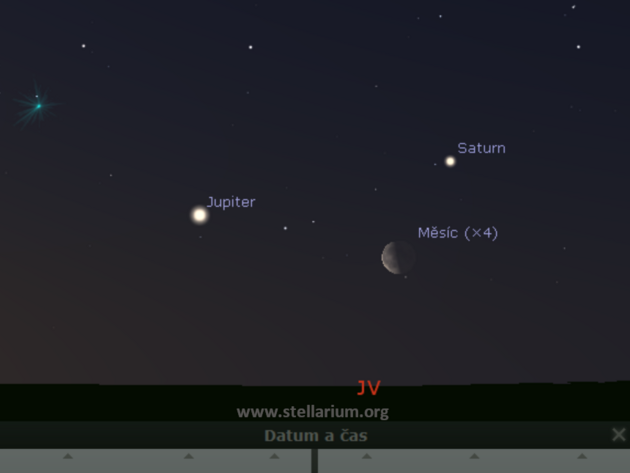 4. 5. 2021 - Msc u Saturnu a Jupiteru. V blzkosti tchto dvou planet uvidme Msc mezi 3. a 5. kvtnem, vdy okolo 4:30 SEL.
