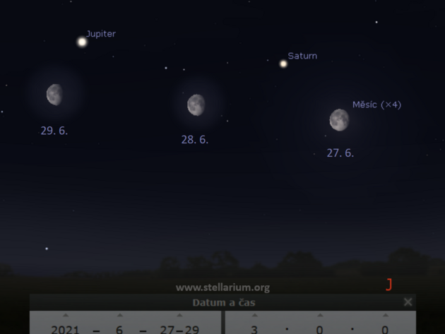 27. a 29. 6. 2021 - Msc spolu se Saturnem a Jupiterem na obloze okolo 3. hodiny rann.