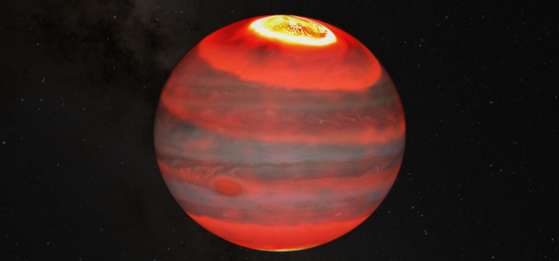 Obrzek: Jupiter, zobrazen v infraerven sti spektra, kombinovan obrzek. Zdroj. J. O'Donoghue (JAXA)/Hubble/NASA/ESA/A. Simon/J. Schmidt