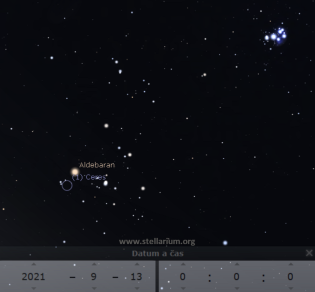 12. - 13. 9. 2021 - trpasli planeta Ceres v blzkosti Aldebaranu v souhvzd Bka.
