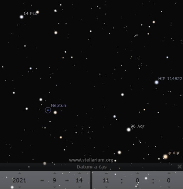 14. 9. 2021 - Neptun v opozici se Sluncem; planeta je pozorovateln po celou noc (dalekohledem) a dosahuje nejvy jasnosti.