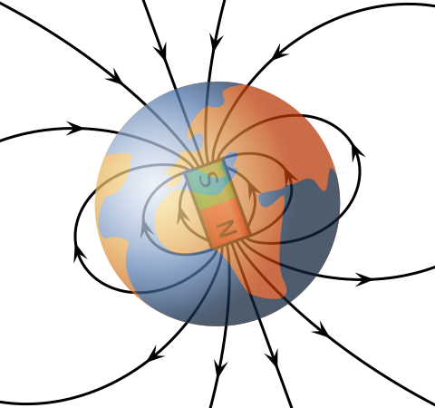 Obrzek: Magnetick pole kolem sfrickho diplovho magnetu, podobnmu Zemi. Zdroj: MikeRun, CC BY-SA 3.0 <https://creativecommons.org/licenses/by-sa/3.0>, via Wikimedia Commons, https://upload.wikimedia.org/wikipedia/commons/1/19/VFPt_Earths_Magnetic_Fi