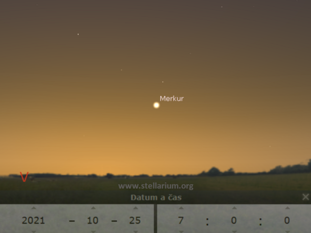 25. 10. 2021 - Merkur v nejvt zpadn elongaci (nejvt hlov vzdlenosti od Slunce, 18). Planeta bude pozorovateln rno nad vchodnm obzorem na konci jna a na zatku listopadu.