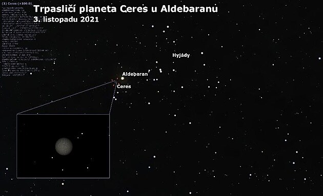 3. 11. 2021 - trpasli planeta Ceres v konjunkci s Aldebaranem v souhvzd Bka.