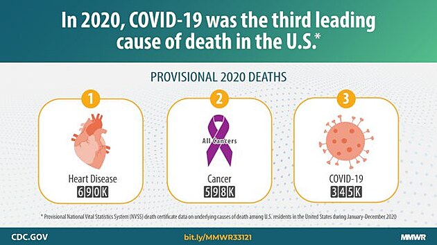 V USA byl COVID-19 v roce 2020 tet hlavn pinou mrt hned po srdench onemocnnch a rakovin. (Viz Ahmad et al. 2020). Kredit: CDC.