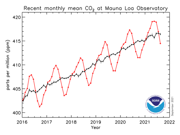 vvoj CO2 koncentrace v atmosfe men na Mauna Loa observatoi.