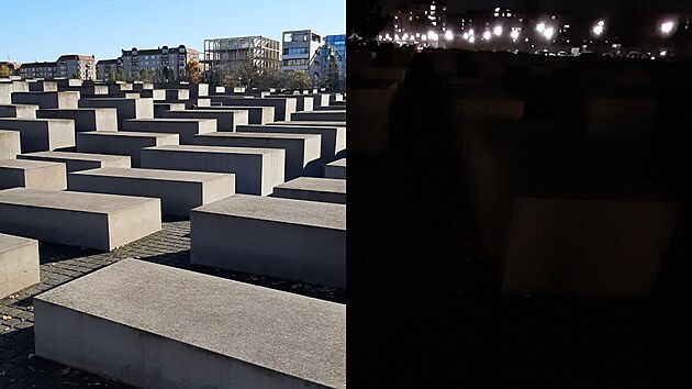 Při mém hledání denního a nočního nasvícení mne večer zklamal temný památník obětem holocaustu, který je za dne působivý. Zemní světla byla vypnuta.