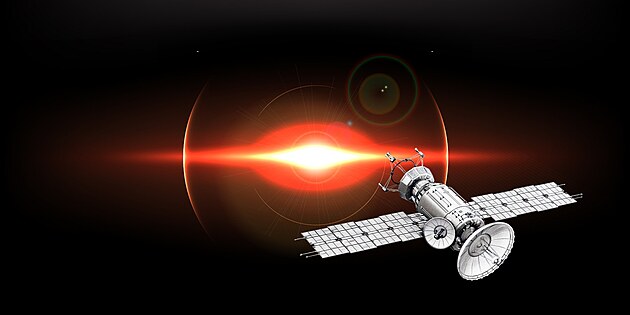 GPS satelit, kter� je sou��st� GPS syst�mu, kter� m��� polohu na Zemi velmi p�esn� d�ky korekc�m na gravita�n� a inerci�ln� dilataci �asu