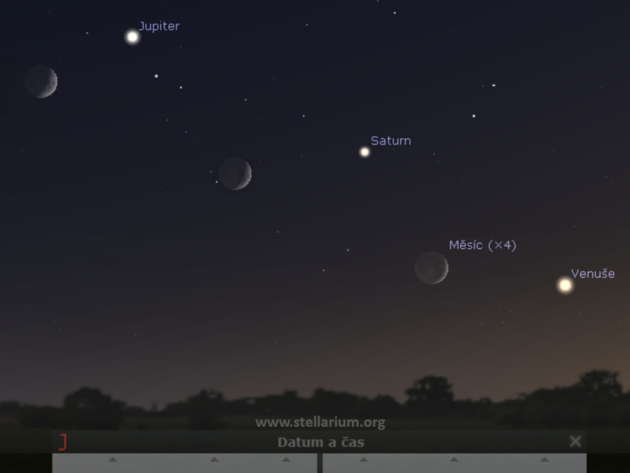 7. a 9. 12. 2021 - planety Venue, Saturn a Jupiter spolu s Mscem na veern obloze.