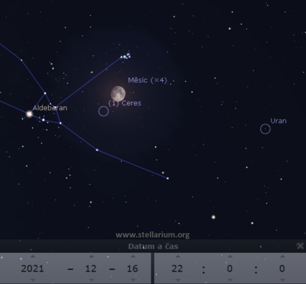 16. 12. 2021 - Msc blc se do plku v souhvzd Bka spolu s hvzdou Aldebaran, hvzdokupou Kutka, planetou Uran a trpasli planetou Ceres.