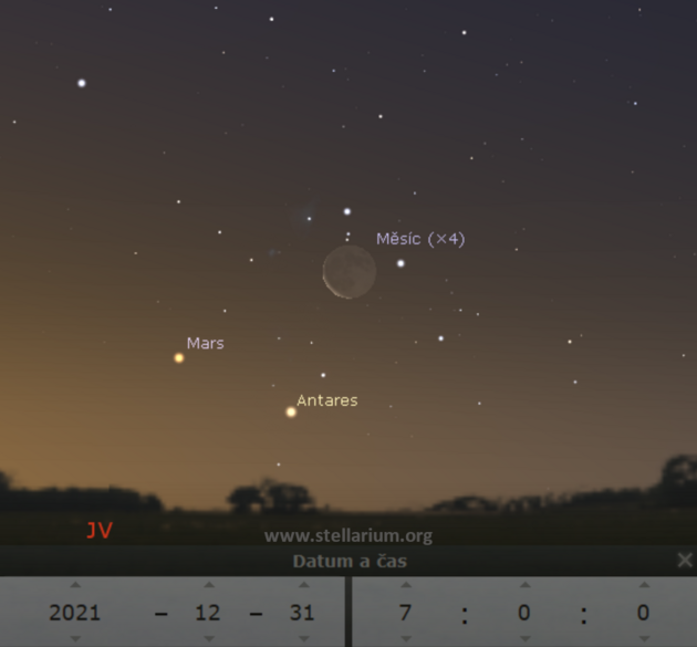 31. 12. 2021 - Msc v souhvzd tra spolu s Marsem a hvzdou Antares.