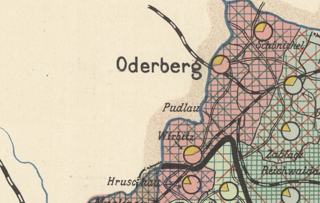 Mapa z as Rakousko-Uherska znzorujc dominantn obcovac e (potamo nrodnost) okolo msta Oderberg (Bohumn). erven nmeck, mode/tyrkysov polsk a zelen esk,