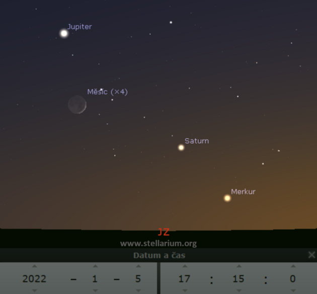 5. 1. 2022 - srpek Msce v bzkosti trojice planet - Merkuru, Saturnu a Jupiteru