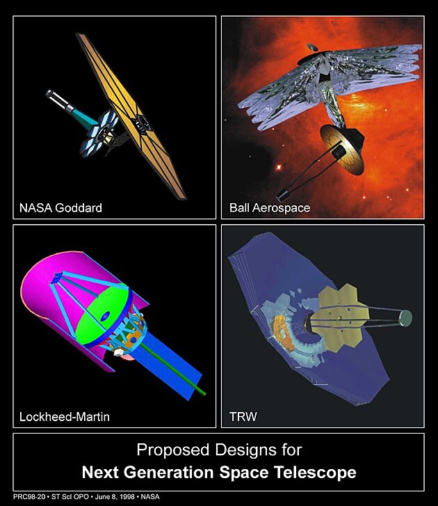 8. 6. 1998 - prvn zveejnn nvrhy konstrukce vesmrnho teleskopu pt generace. Vtzn nvrh firmy TRW Inc. je vpravo dole. Skuten podoba Webbova teleskopu se od nvrhu pli neli