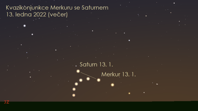 13. 1. 2022 - kvazikonjunkce Merkuru se Saturnem na veern obloze