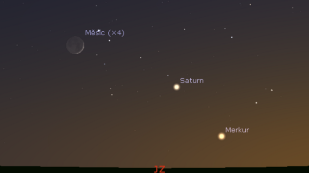 5. 1. 2022 - srpek Msce v bzkosti trojice planet - Merkuru, Saturnu a Jupiteru