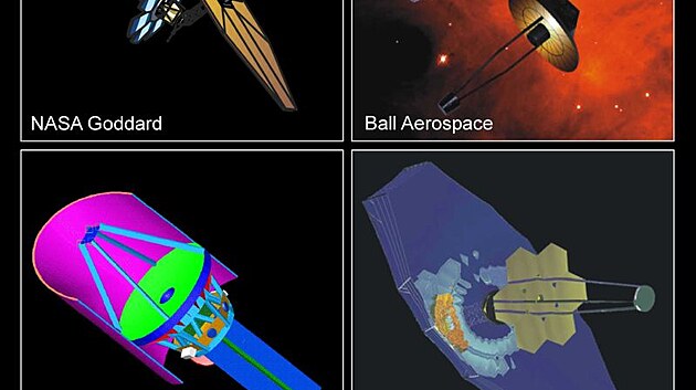 8. 6. 1998 - prvn zveejnn nvrhy konstrukce vesmrnho teleskopu pt generace. Vtzn nvrh firmy TRW Inc. je vpravo dole. Skuten podoba Webbova teleskopu se od nvrhu pli neli