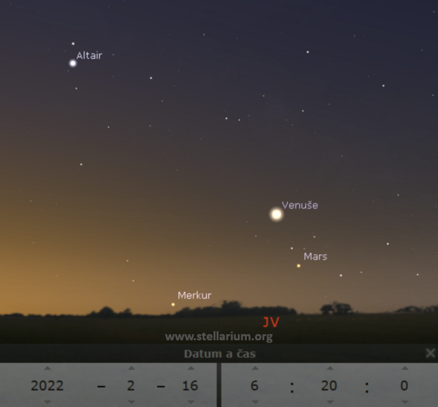 16. 2. 2022 - Venue v konjunkci s Marsem. Merkur nzko nad obzorem bude ve skutenosti nepozorovateln.