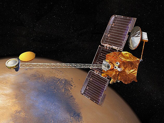 Obrzek: Mars Odyssey. Zdroj: NASA/JPL/Corby Waste, Public domain, Wikimedia Commons, https://upload.wikimedia.org/wikipedia/commons/c/c5/2001_mars_odyssey_wizja.jpg