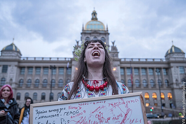 Demonstrace na podporu Ukrajiny, 24.nora 2023, Vclavsk nmst, Praha.
