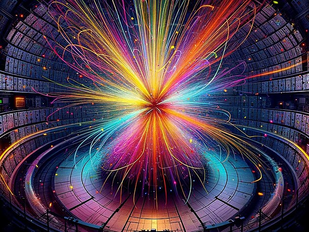 Ilustrace, jak si AI pedstavuje sprku elementrnch stic v detektoru CERNu.